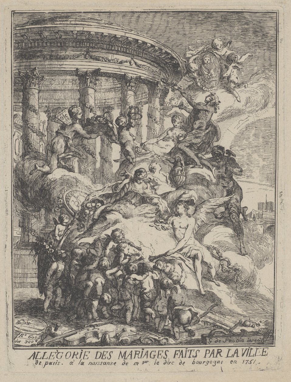 Allegoria dei matrimoni fatti dalla città di Parigi alla nascita del Duca di Borgogna, 1751 da Gabriel de Saint Aubin