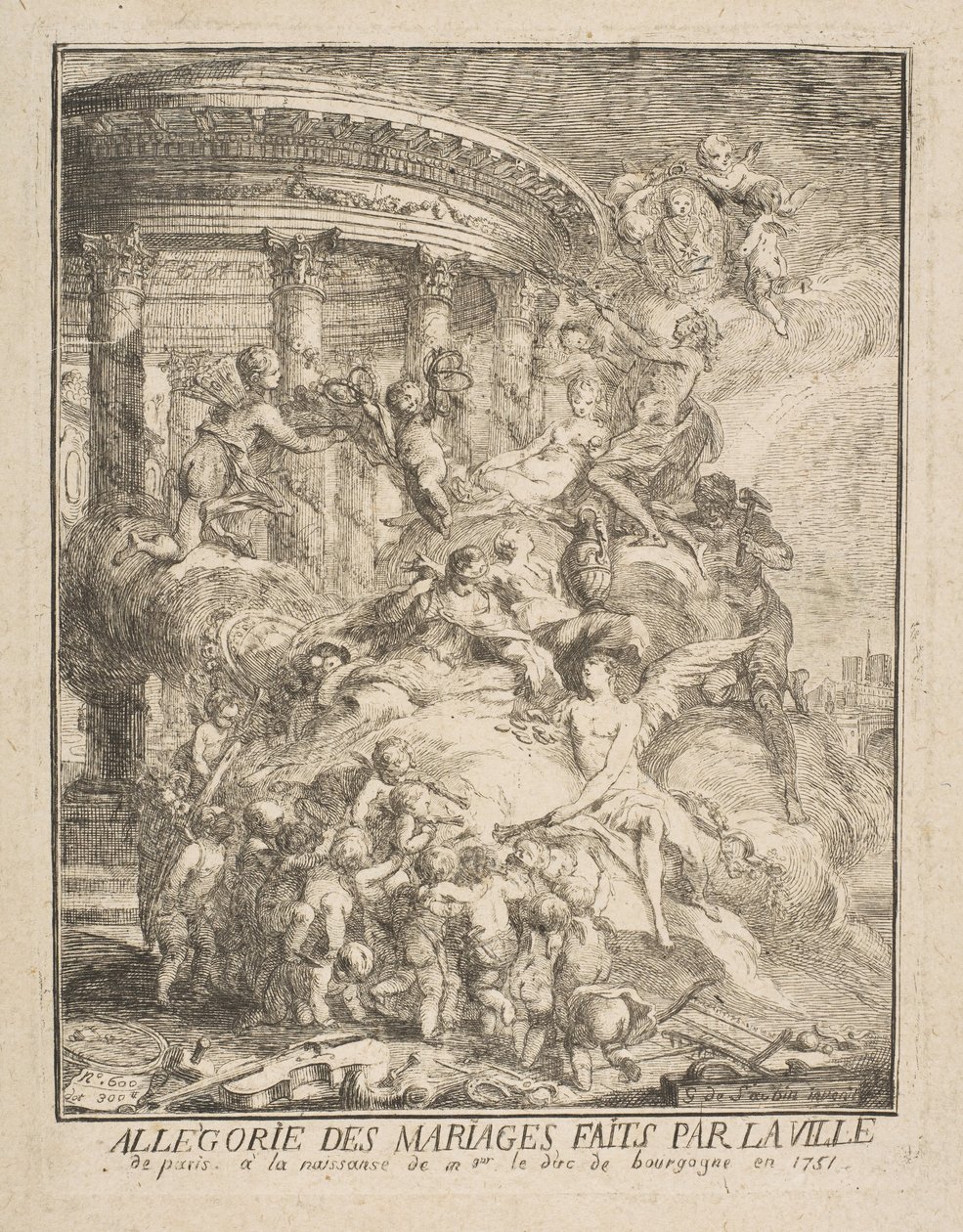 Allegoria dei matrimoni fatti dalla Città di Parigi alla nascita del Duca di Borgogna, 1752 da Gabriel de Saint Aubin