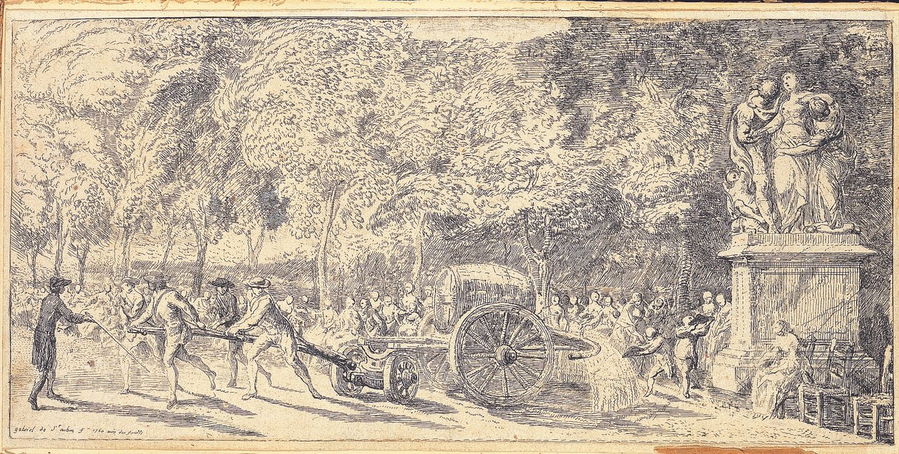 Figure che tirano una botte su un carrello nei Giardini delle Tuileries, 1760 da Gabriel de Saint Aubin