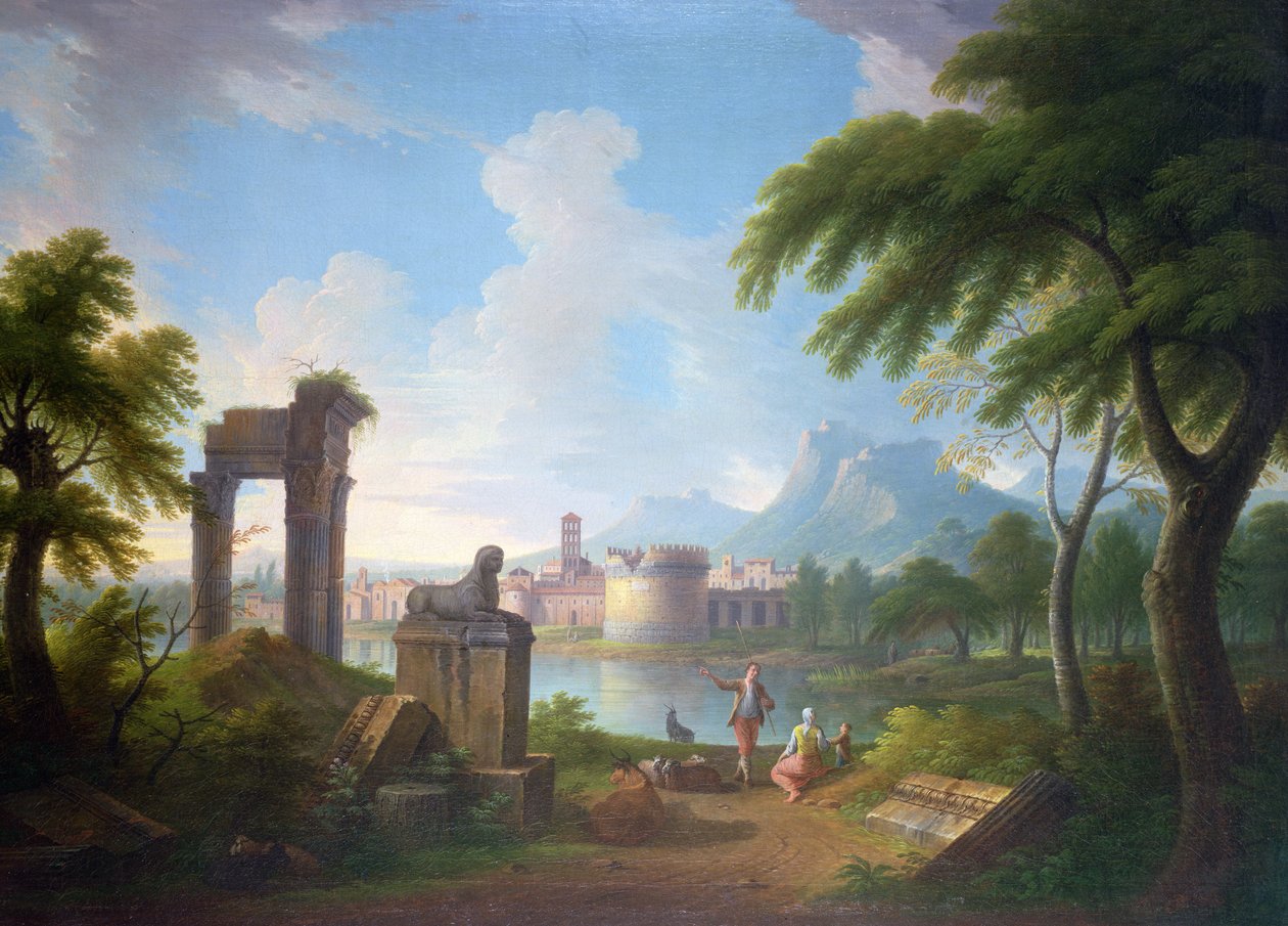 Paesaggio fluviale montuoso con la tomba di Cecilia Metella e il campanile di Campovaccino, 1752 da Gabrielle Ricciardelli