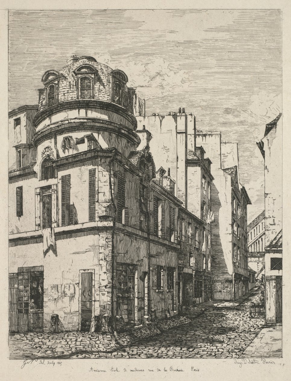 Acqueforti sul Vecchio Parigi: Antica scuola di medicina, rue de la Bucherie da Gabrielle Marie Niel