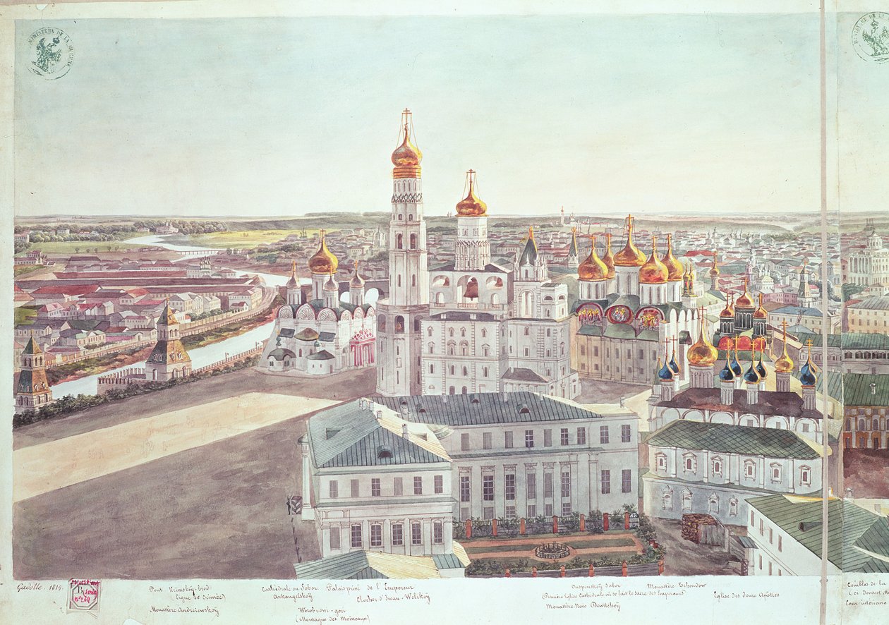Panorama di Mosca, dettaglio delle cattedrali del Cremlino, 1819 da Gadolle