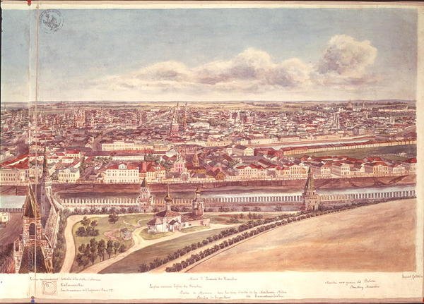 Panorama di Mosca, raffigurante le Mura del Cremlino e il Fiume Moscova, 1819 da Gadolle