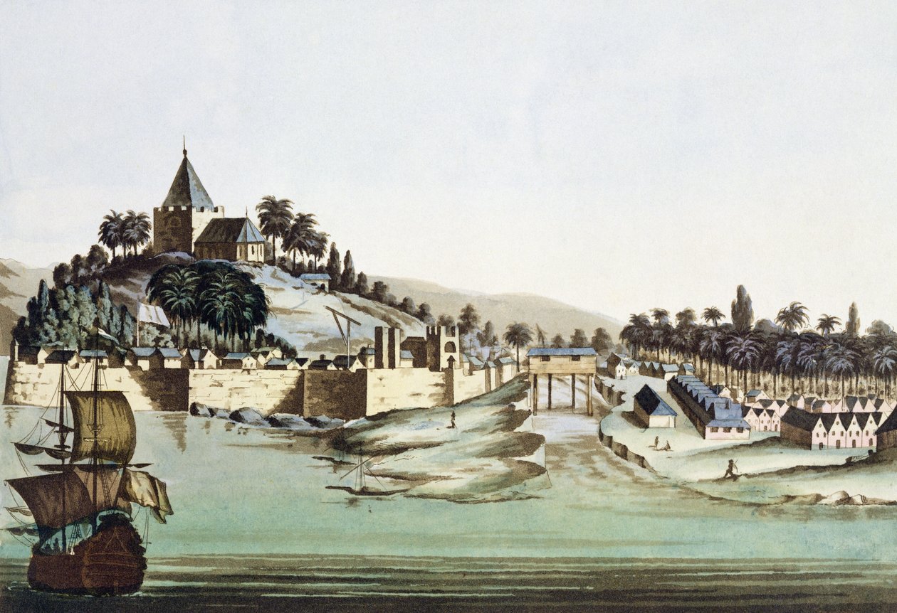 Il porto e la città di Malacca, Malesia, illustrazione da 