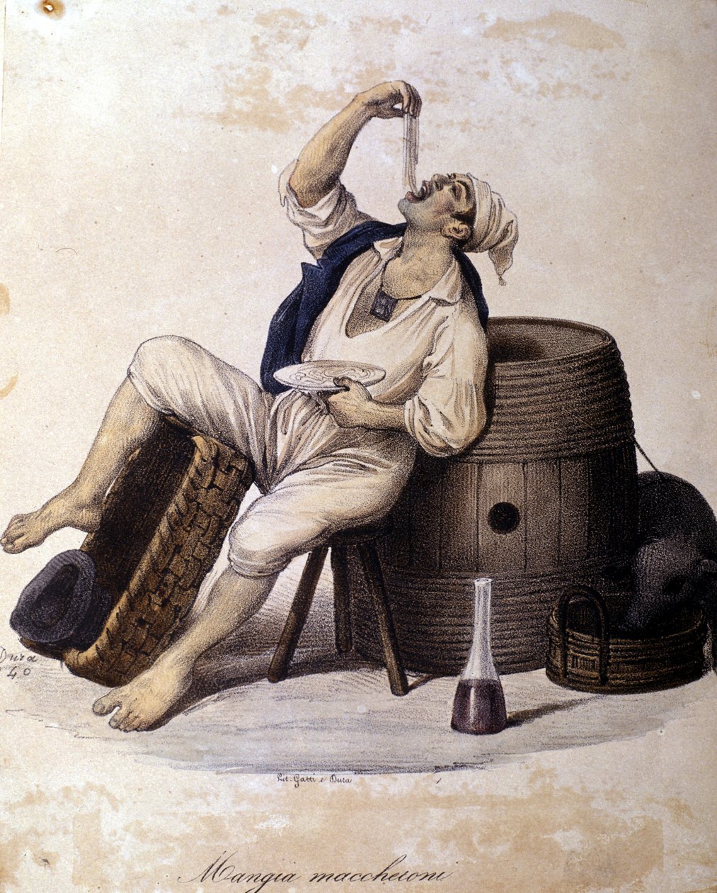 Napoletano che mangia maccheroni. Litografia di Dura da Gaetano Dura
