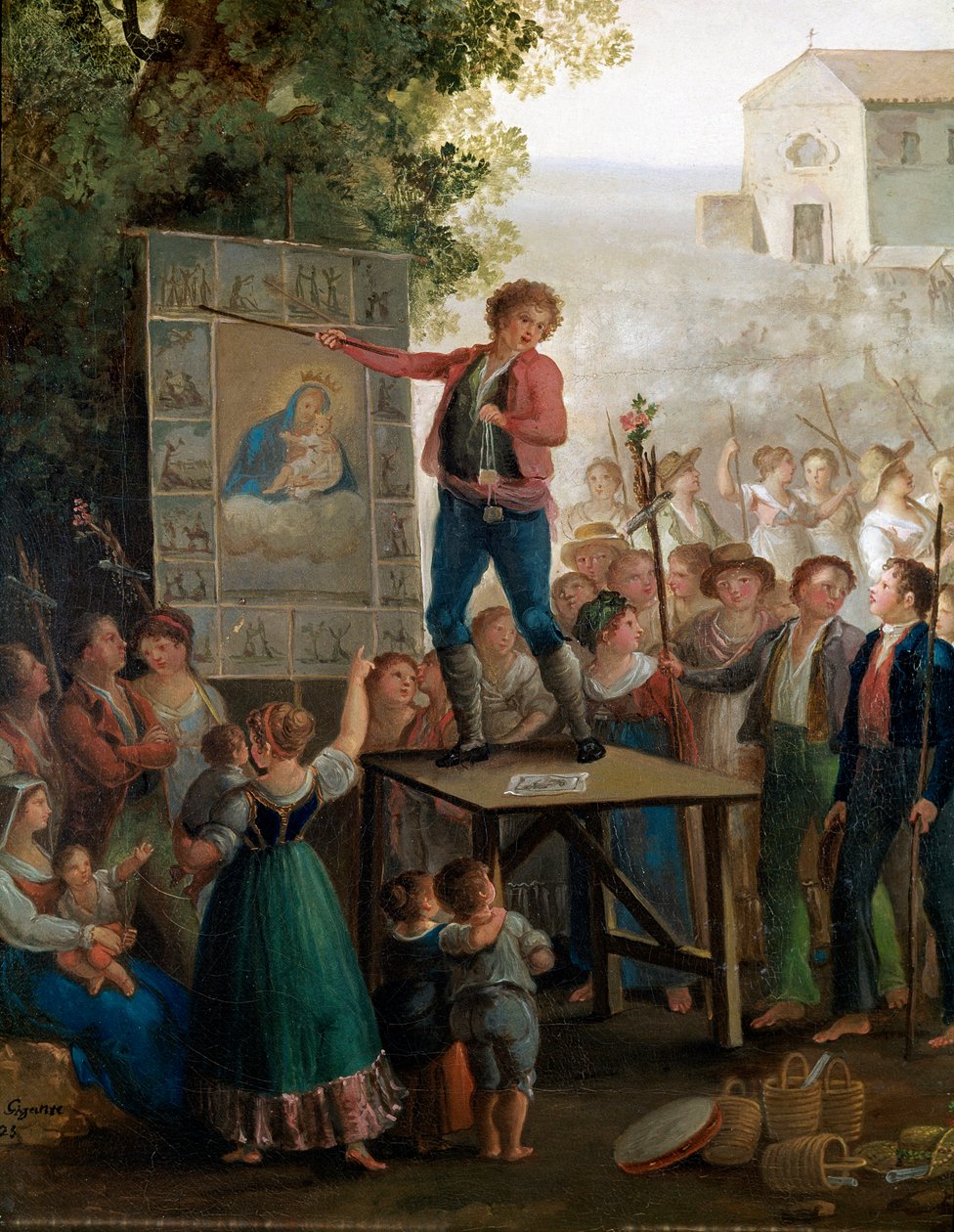 Un artista di strada che canta i miracoli della Vergine alla festa della Madonna dell