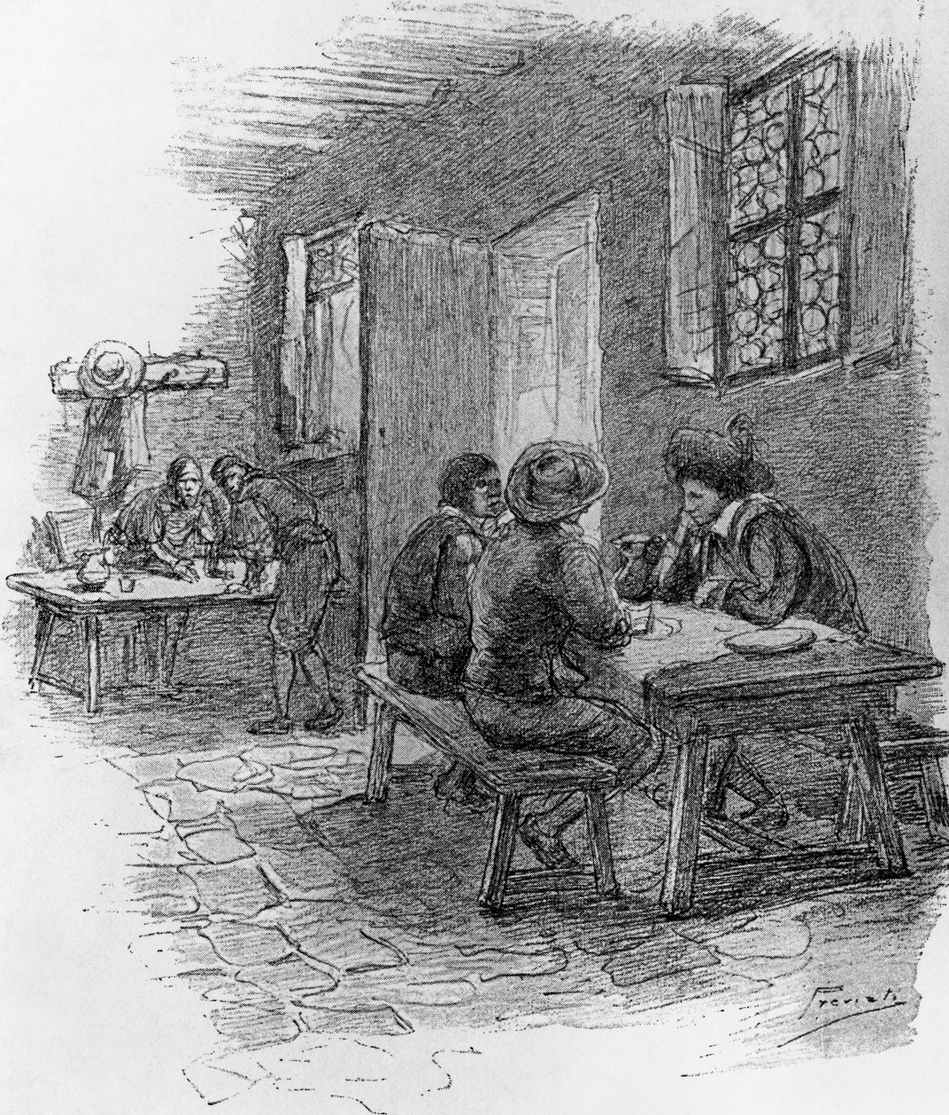 Renzo, Tonio e Gervase alla locanda, Capitolo VII, illustrazione di Gaetano Previati (1852-1920) per I Promessi Sposi, romanzo storico di Alessandro Manzoni (1785-1873) da Gaetano Previati