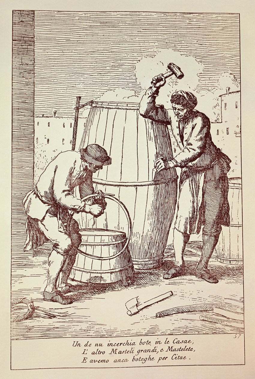 Bottai al lavoro, Incisione di Gaetano Gherardo Zompini da Le arti della vita quotidiana nella città di Venezia, Italia da Gaetano Zompini