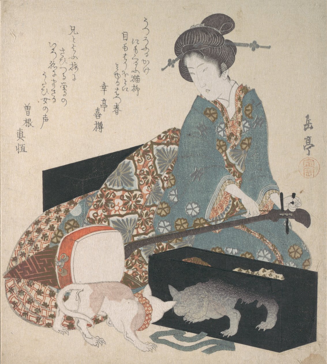 Donna che accorda uno shamisen e un gatto che guarda il proprio riflesso, metà degli anni 1820 da Gakutei