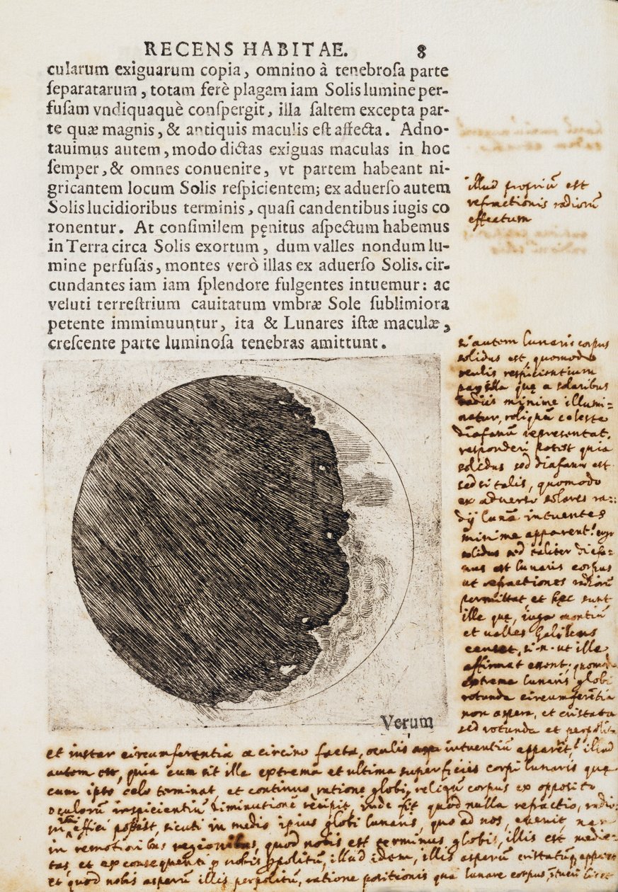 Sidereus Nuncius (Messaggero Stellare) con disegni delle fasi e della superficie della Luna da Galileo Galilei