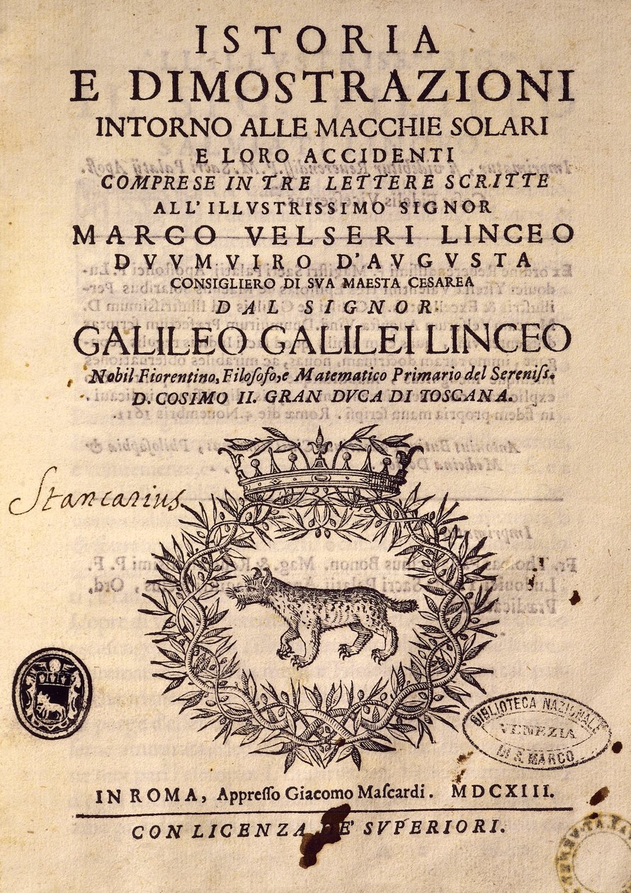 Pagina del titolo di Storia e dimostrazioni sui macchie solari e le loro proprietà da Galileo Galilei