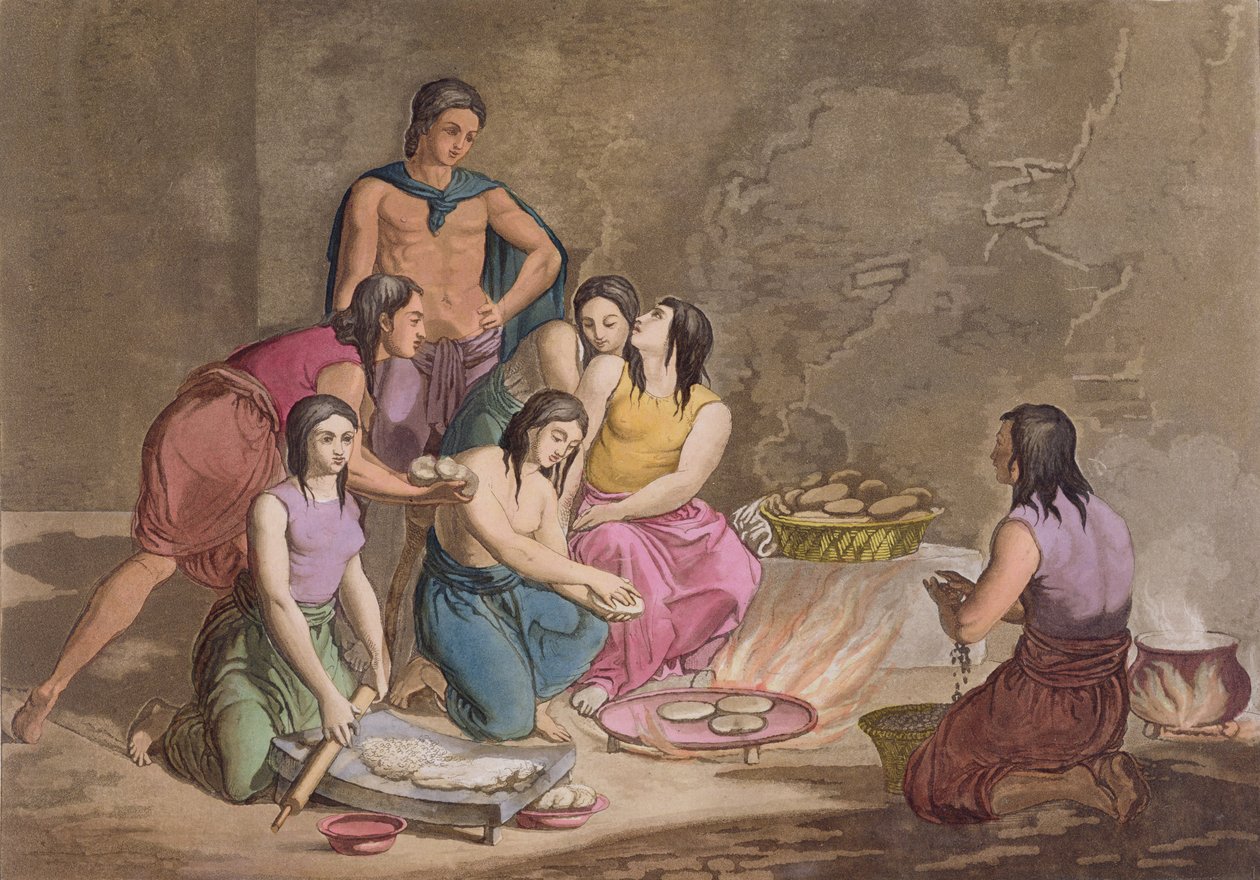 Donne azteche che fanno pane di mais, Messico, da 