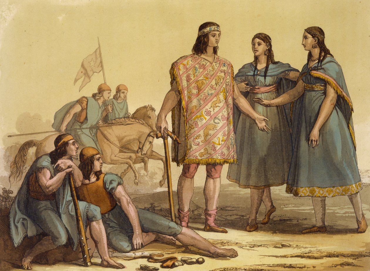 Nativi della Tribù Araucani, Argentina, da Le Costume Ancien et Moderne, Volume II, tavola 37, di Jules Ferrario, pubblicato c.1820s-30s da Gallo Gallina