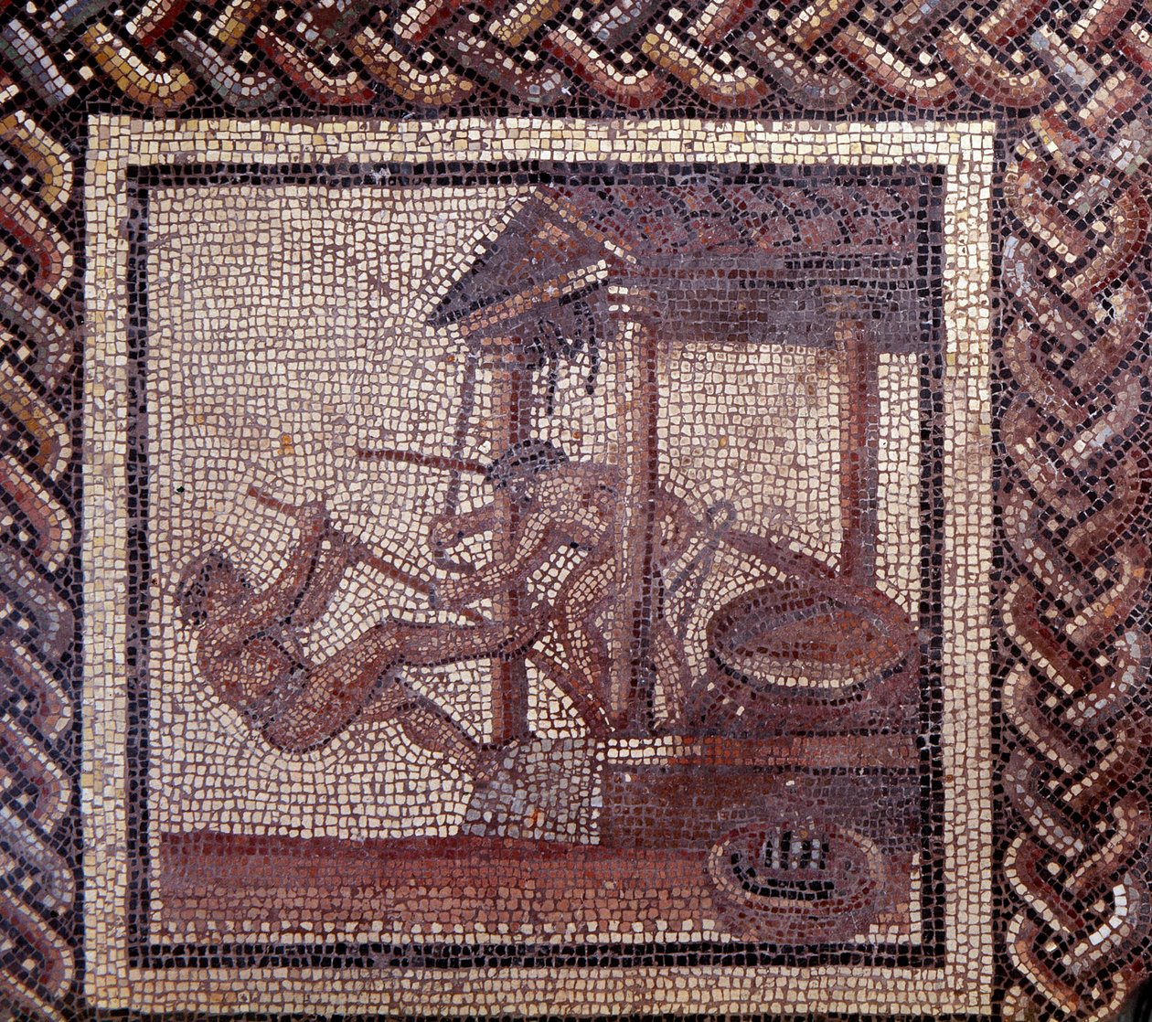 Arte gallo-romana: pavimentazione a mosaico che rappresenta un calendario rustico. Una pressa per olio. Fine II, inizio III secolo d.C. Da Saint-Romain-en-Gal (Rodano). Saint Germain en Laye, Museo Nazionale di Archeologia da Gallo Roman