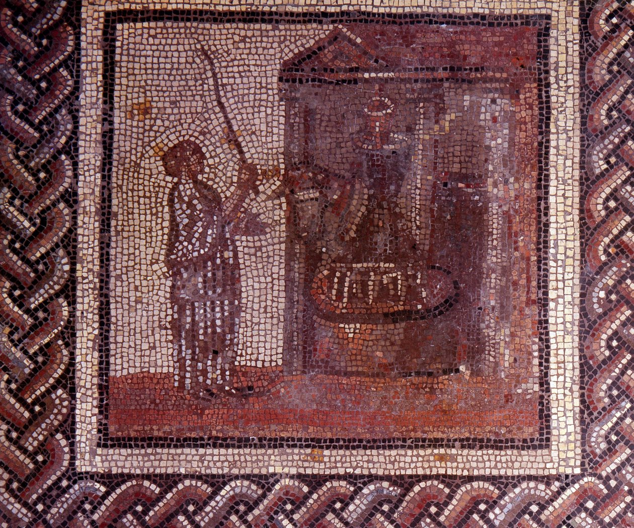 Arte Gallo-Romana: pavimentazione a mosaico che rappresenta un calendario rustico. Il lavoro con la mola. Fine II, inizio III secolo d.C. Da Saint-Romain-en-Gal (Rhone). Saint Germain en Laye, Museo Nazionale di Archeologia da Gallo Roman