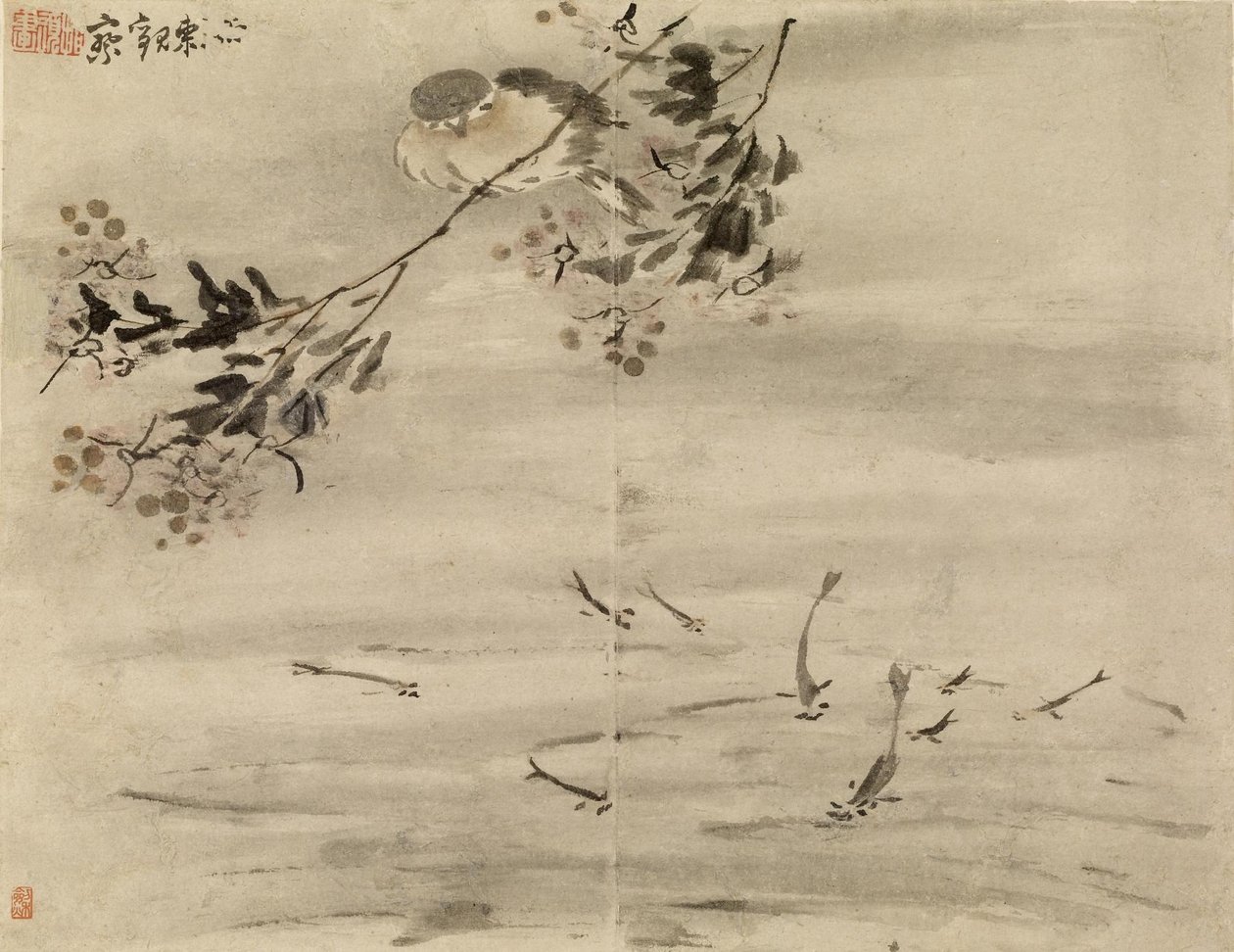 Uccello che osserva un pesce da Gao Qipei