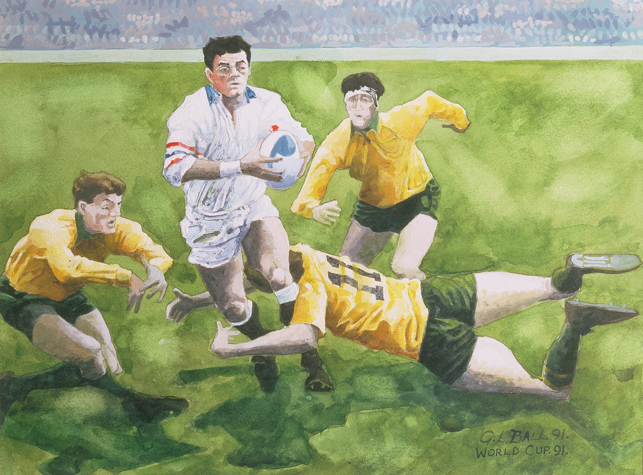 Partita di rugby: Inghilterra contro Australia nella finale della Coppa del Mondo, 1991, Will Carling placcato da Gareth Lloyd Ball