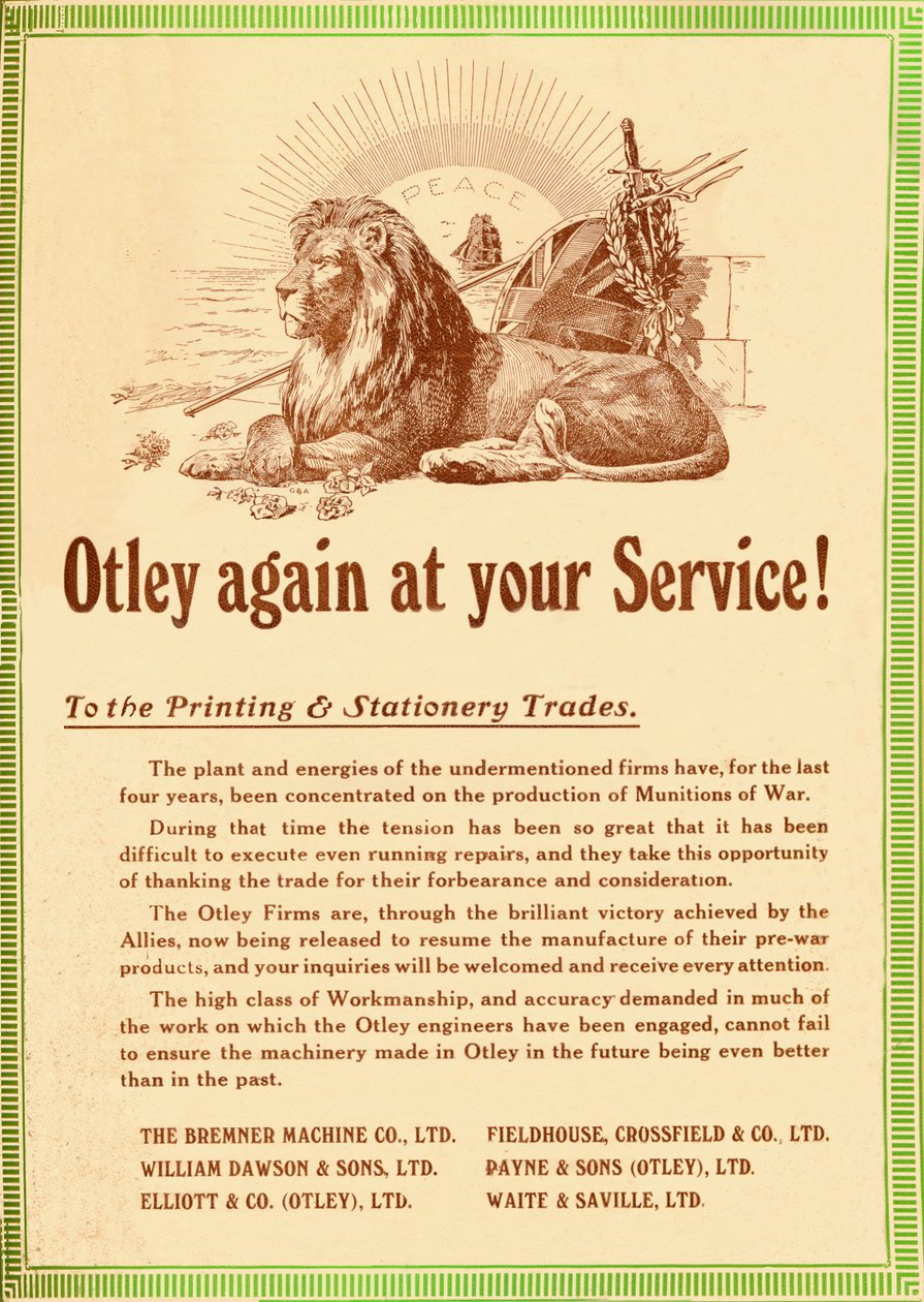 Otley di nuovo al tuo servizio - Per le industrie della stampa e della cancelleria, 1919 da Garratt and Atkinson