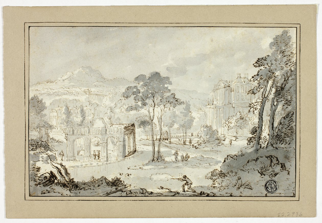 Cacciatore con cane, altre figure in paesaggio con villa, canale, piramide da Gaspar van Wittel