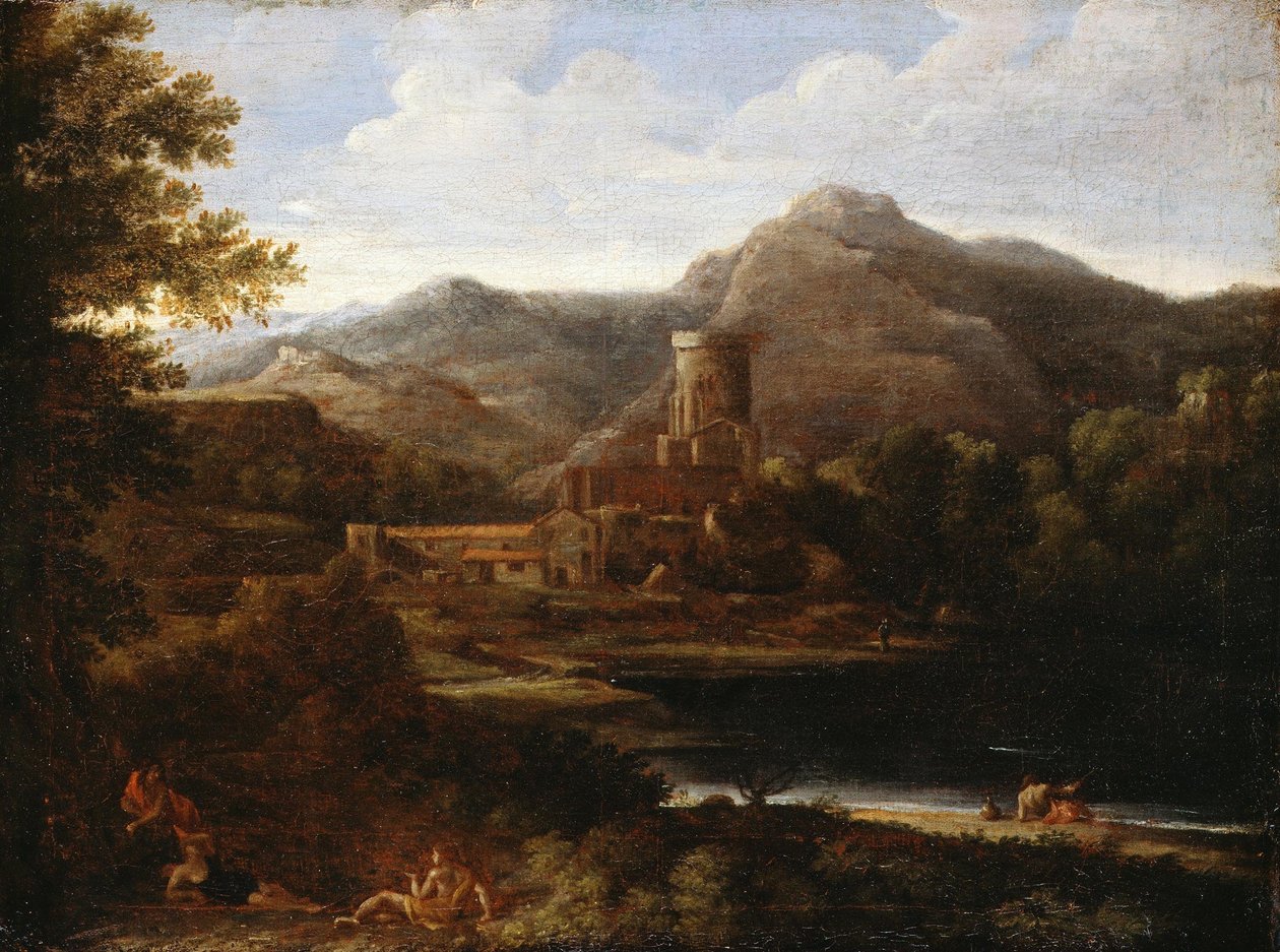 Villaggio vicino a un lago da Gaspard Poussin Dughet