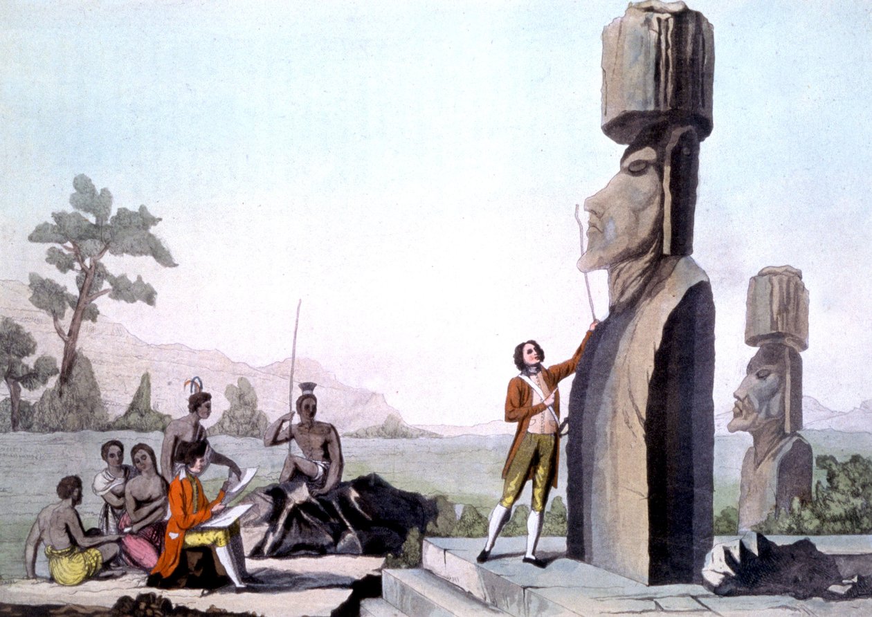 La Perouse con il suo equipaggio, misurando le statue sull