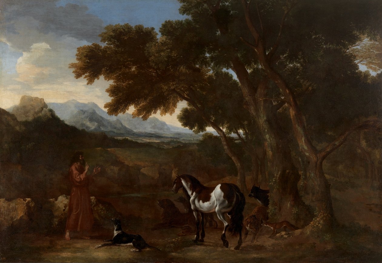 Dughet - Paesaggio con eremita che predica agli animali, 1637 - 1638 da Gaspard Dughet