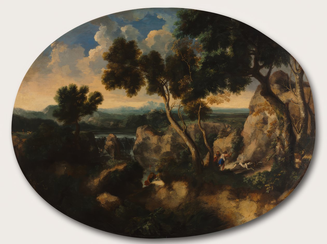 Paesaggio roccioso con cacciatori da Gaspard Dughet