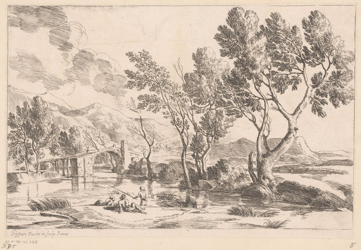 Paesaggio fluviale con ponte e pescatori da Gaspard Dughet