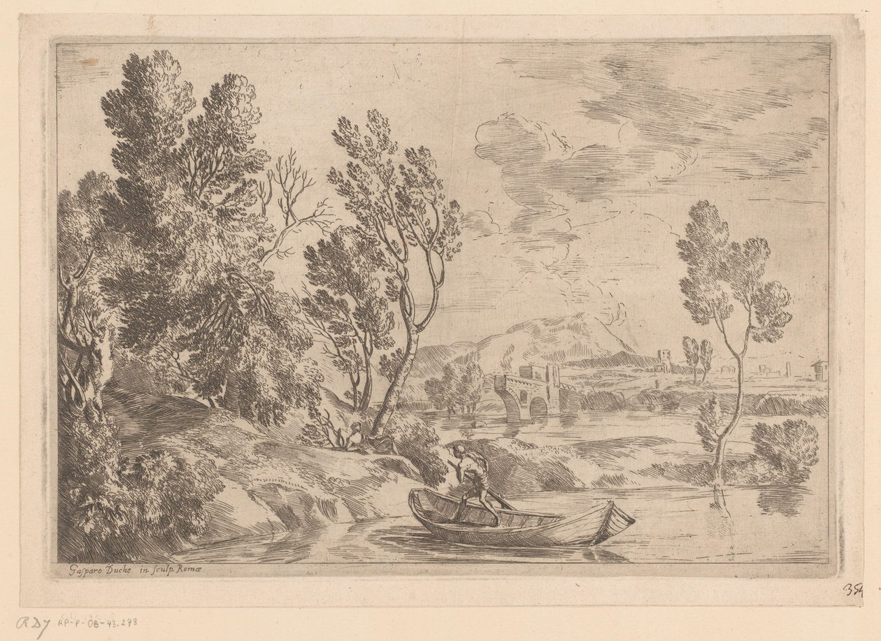Paesaggio fluviale con uomo in barca da Gaspard Dughet
