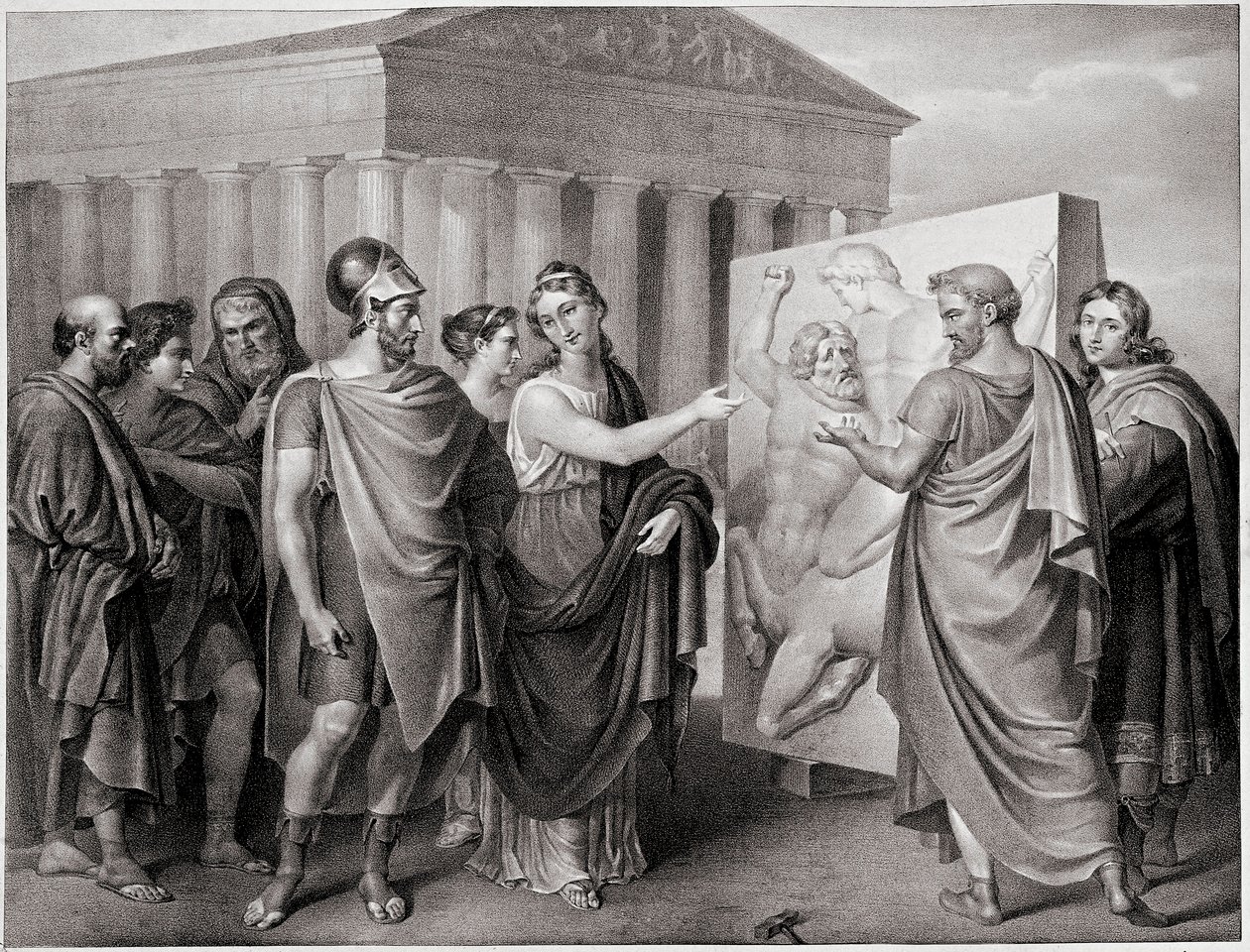 Politico ateniese Pericle (495-429 a.C.) e Aspasia sua compagna dirigono il lavoro di Fidia per il Partenone ad Atene. Incisione da un dipinto di Gaspare Landi (1756-1830). 19° secolo da Gaspare Landi