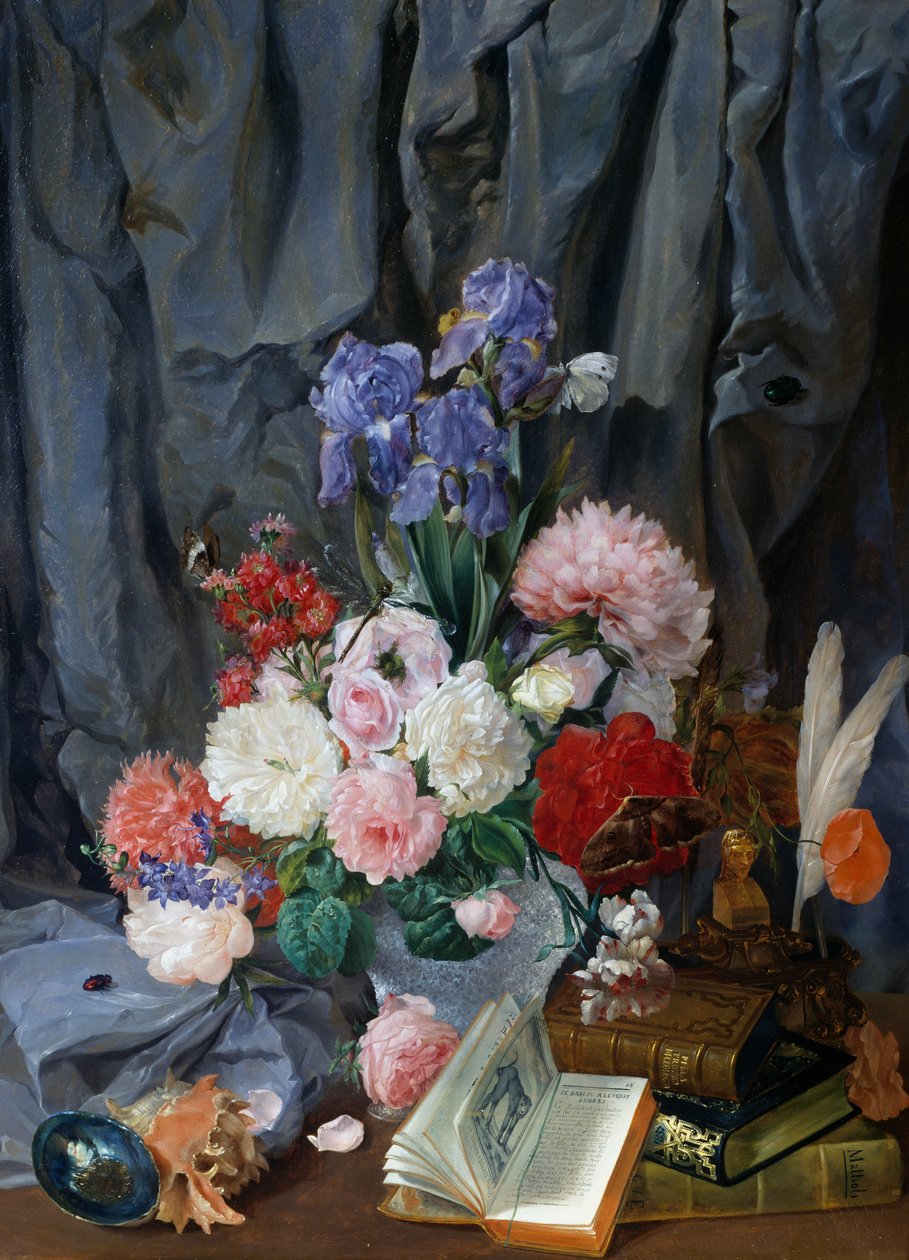 Natura morta con vaso di fiori recisi, conchiglie e libri da Gaspare Mattioli
