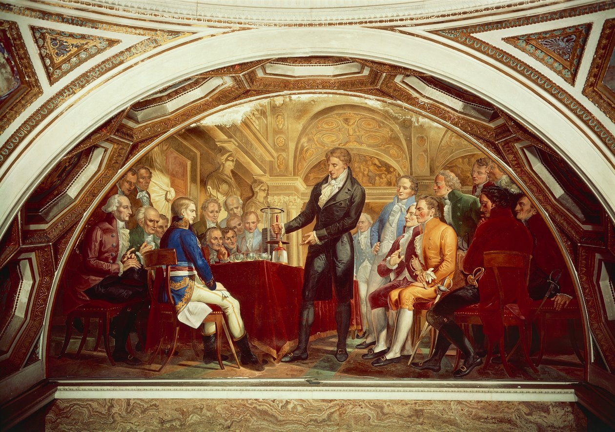 Alessandro Volta (1745-1827) che mostra la sua nuova batteria a Napoleone (1769-1821) all