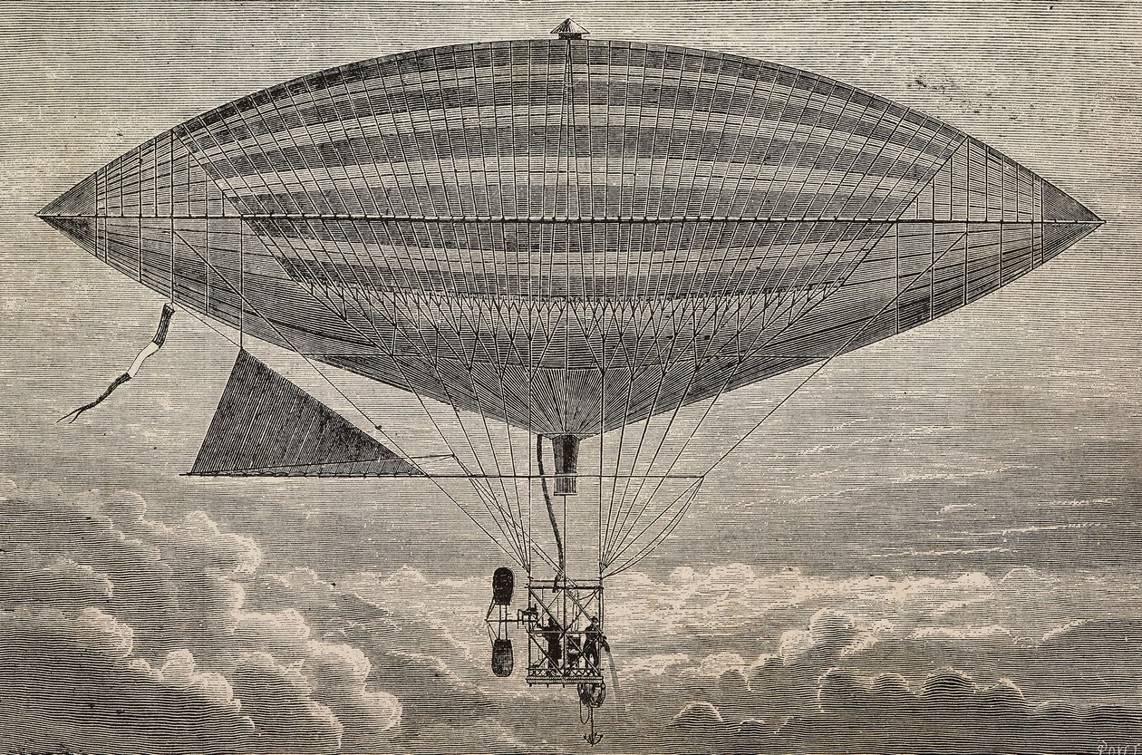 Pallone elettrico con elica, un prototipo di Gaston e Albert Tissandier, Parigi, Francia, incisione da L