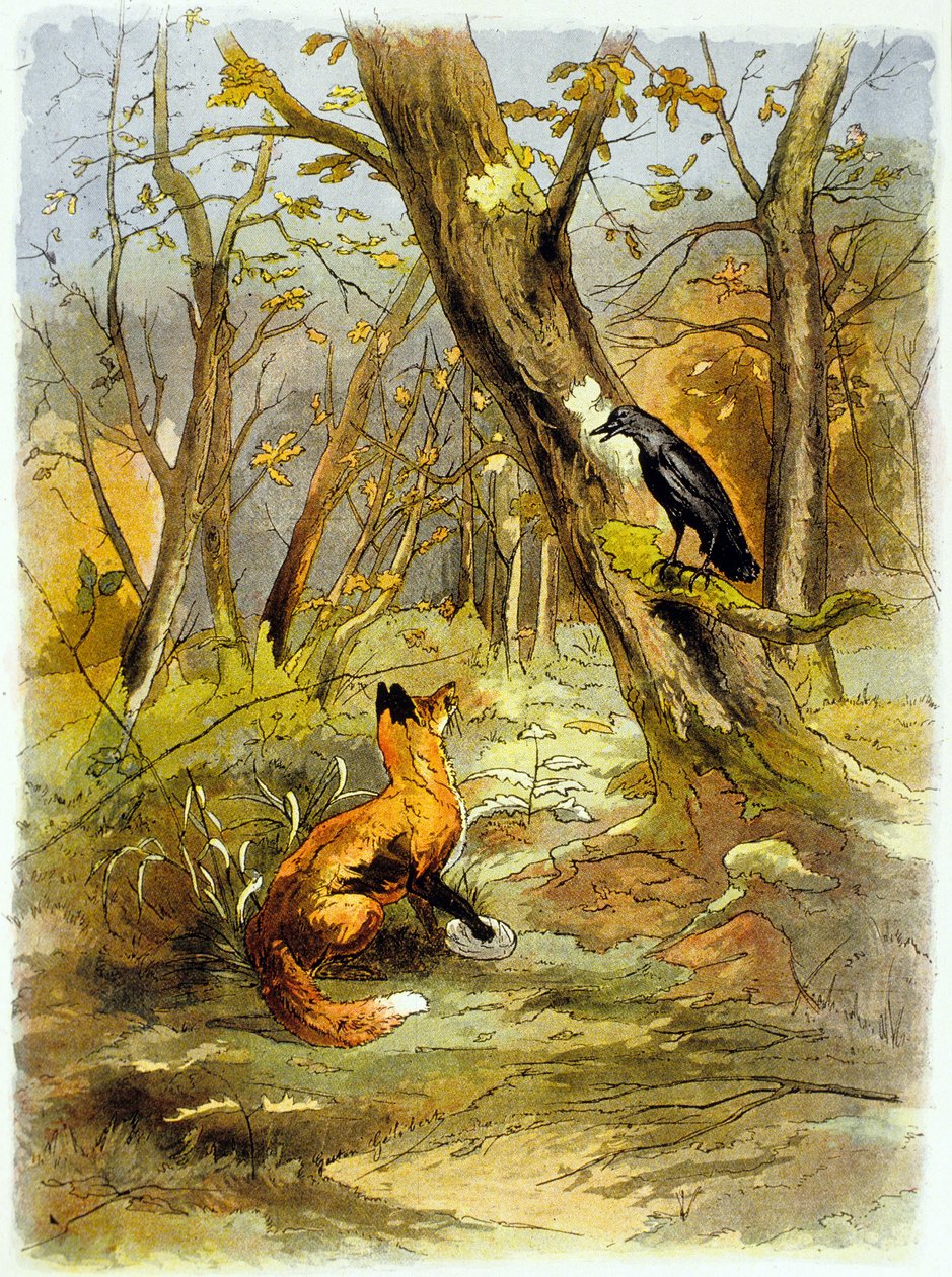 Favola di La Fontaine: La volpe e il corvo (illustrazione, c. 1900) da Gaston Gelibert