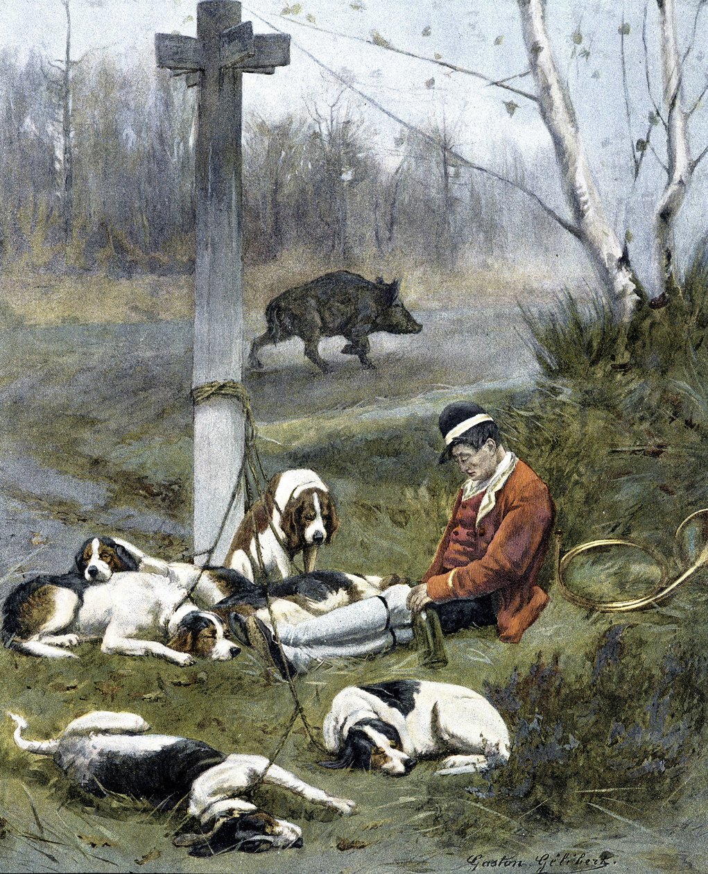 Il cacciatore e i suoi cani assonnati - incisione di Gaston Gelebert da Gaston Gelibert