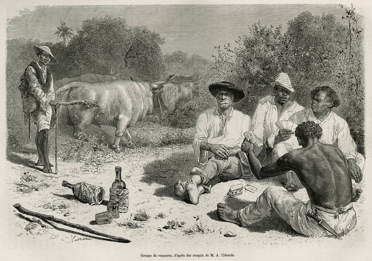 Un gruppo di vaqueros che giocano a carte e bevono alcolici, vicino alle loro mandrie di buoi, incisione dal disegno di G. Vuillier, per illustrare il racconto De Cayenne aux Andes, di Jules Crevaux, medico della marina francese, nel 1878-1879, pubblicato  da Gaston Vuillier