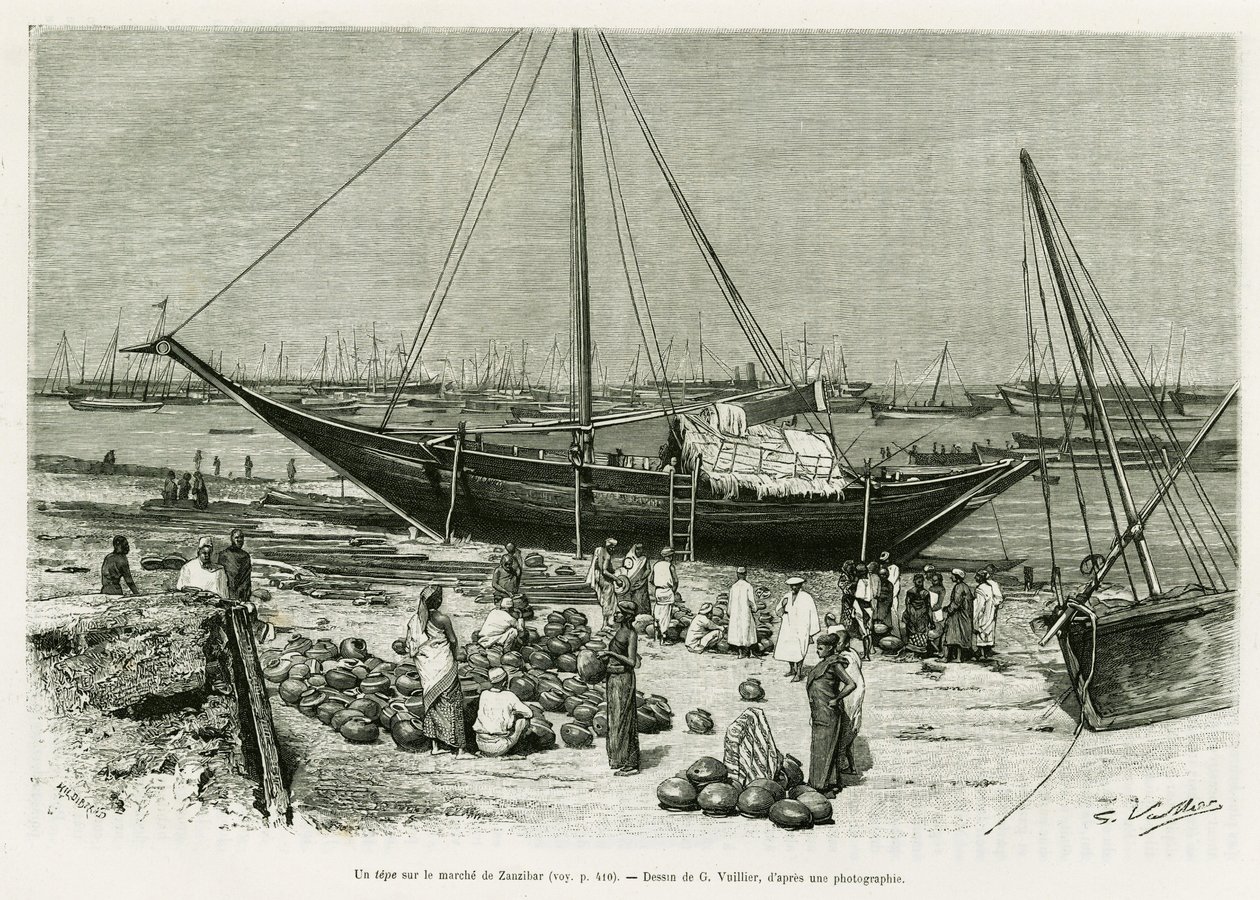 Un tepe nel mercato di Zanzibar (Tanzania). Incisione di G.Vuillier, per illustrare il racconto Viaggio tra i Benadir, i somali e i Bayoun, nel 1882 e 1883, di G.Revoil, in Le Tour du monde 1888, a cura di Edouard Charton (1807-1890), Hachette, Parigi da Gaston Vuillier