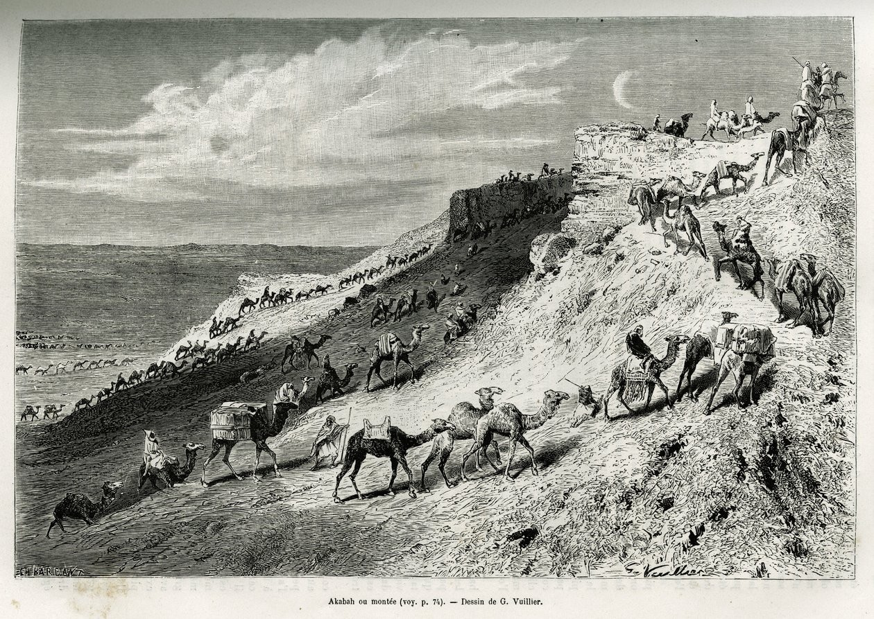 Akabah o fila di cammelli della carovana. Incisione di G.Vuillier, per illustrare la storia "pellegrinaggio al Nedjed, culla della razza araba", di Lady Anna Blunt, nel 1878-1879, pubblicata in Le tour du monde, sotto la direzione di Edouard Charton (1807- da Gaston Vuillier