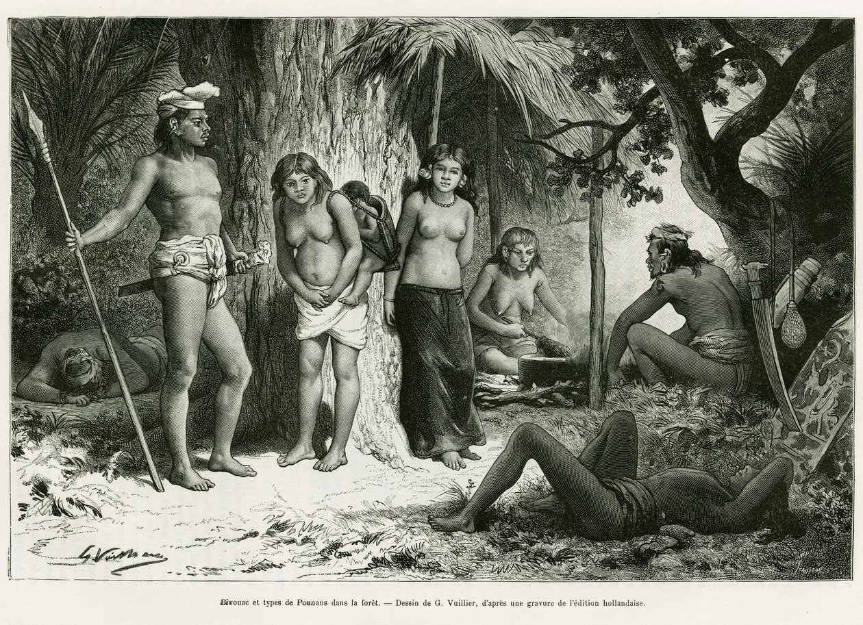 Bivacco e tipi di Lung nella foresta (incisione) da Gaston Vuillier