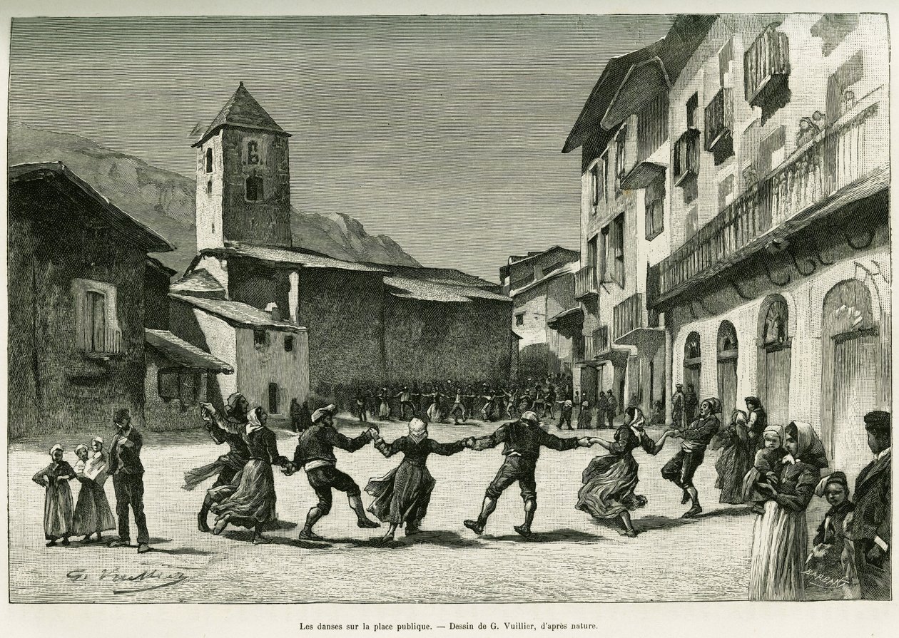 Danza nella piazza pubblica. Incisione di G.Vuillier, per illustrare il racconto La valle d