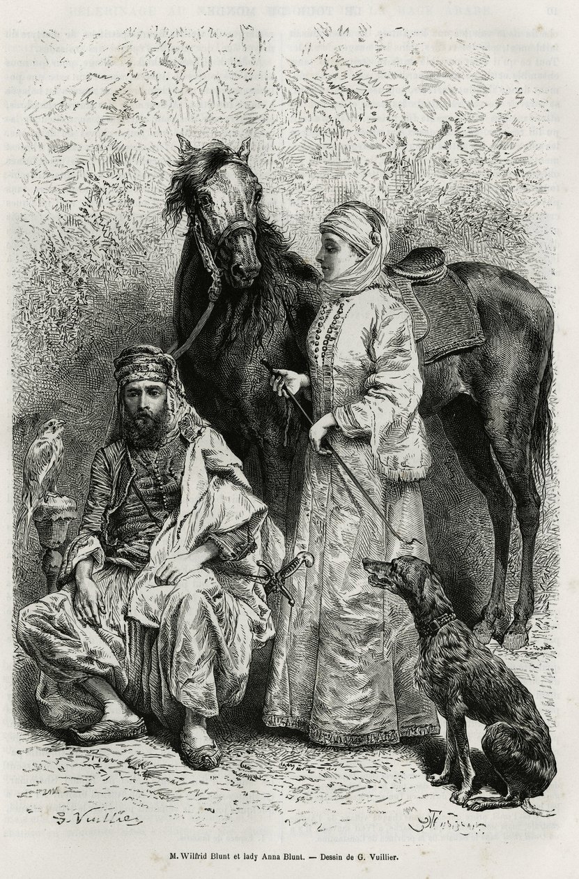 Ritratti di Mr. Wilfrid Blunt (1840-1922), poeta e scrittore, e sua moglie, Lady Anna Blunt (nata King Noel (King Noel) 1837-1917), la prima donna europea a esplorare il Medio Oriente, vestita con un abito da viaggio, davanti a uno dei cavalli arabi nelle  da Gaston Vuillier