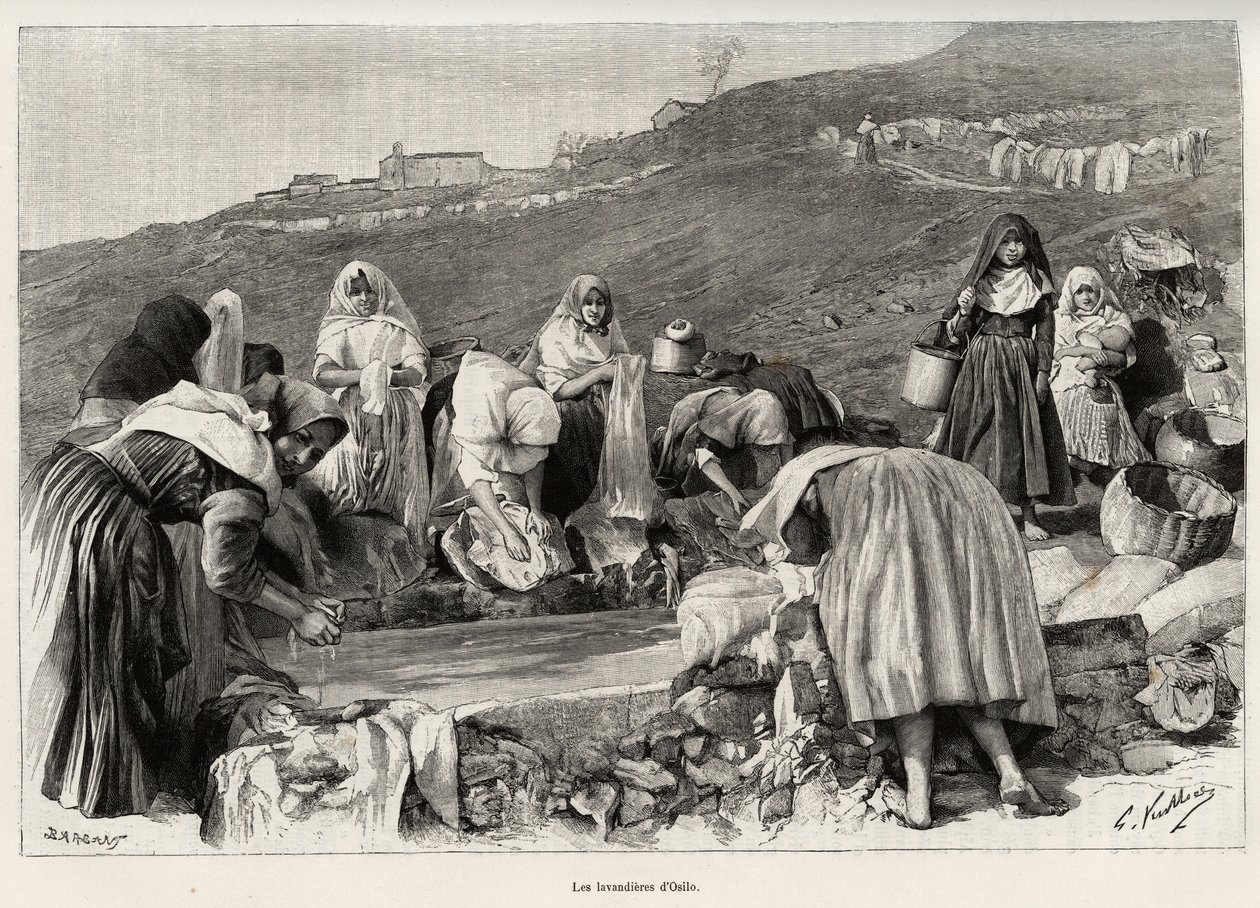 La lavandaia di Osilo (Italia), donne raccolte intorno al bacino da Gaston Vuillier