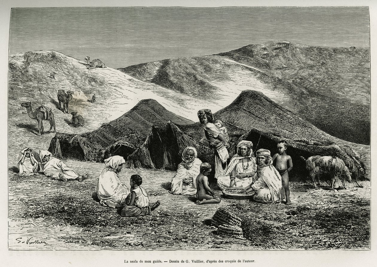 La nezla (parente) della mia guida. Incisione di G.Vuillier, per illustrare il Sahara algerino, di V.Largeau, nel 1874-1878, pubblicata in Le tour du monde, sotto la direzione di Edouard Charton (1807-1890) da Gaston Vuillier