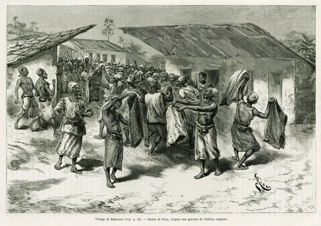 Il villaggio di Bakourou, gli indigeni ricevono doni per le negoziazioni di pace. Incisione di G.Vuillier, per illustrare la storia Dans les ténèbres de l