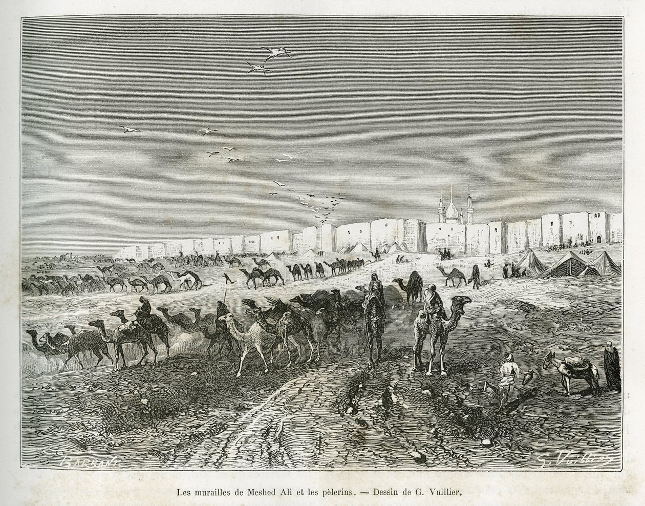 Le mura di Meshed Ali (Ali Ibn Abi Talib, morto nel 661, cugino, discepolo e genero di Maometto (570-632)) si trovano nella moschea di Najaf (Iraq) e i pellegrini si riuniscono per celebrare il primo e padre di tutti gli imam. Incisione di G. Vuillier, per da Gaston Vuillier