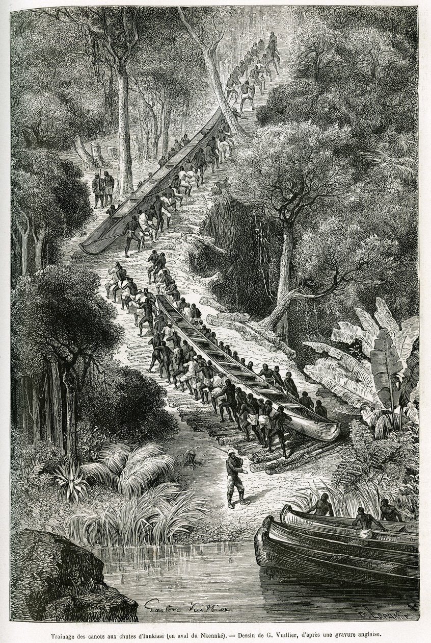Trascinamento delle canoe alle cascate di Innkissi (o cascate di Livingstone) (Congo), sotto la direzione di Sir H.M.Stanley (1841-1904), disegno di G.Vuillier, per illustrare la storia 