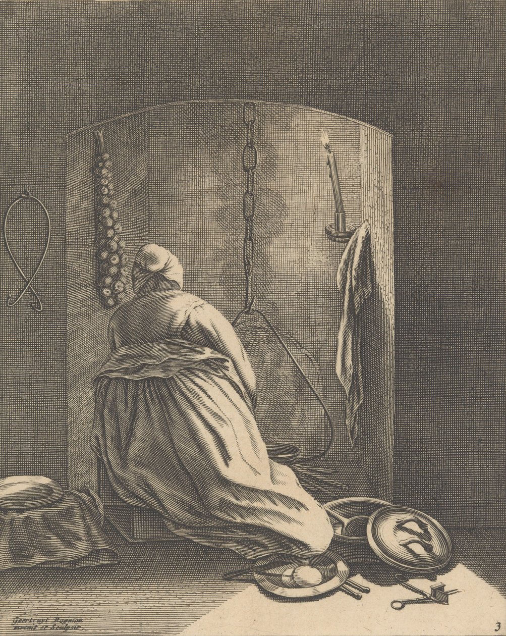 Una donna che cucina, Tavola 3 da Cinque Occupazioni Femminili, ca. 1640-57 da Geertruydt Roghman