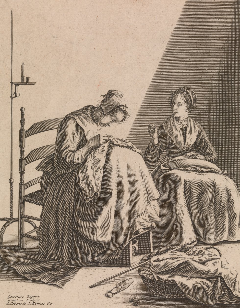 Due donne che cuciono, Tavola 1 da Cinque occupazioni femminili da Geertruydt Roghman