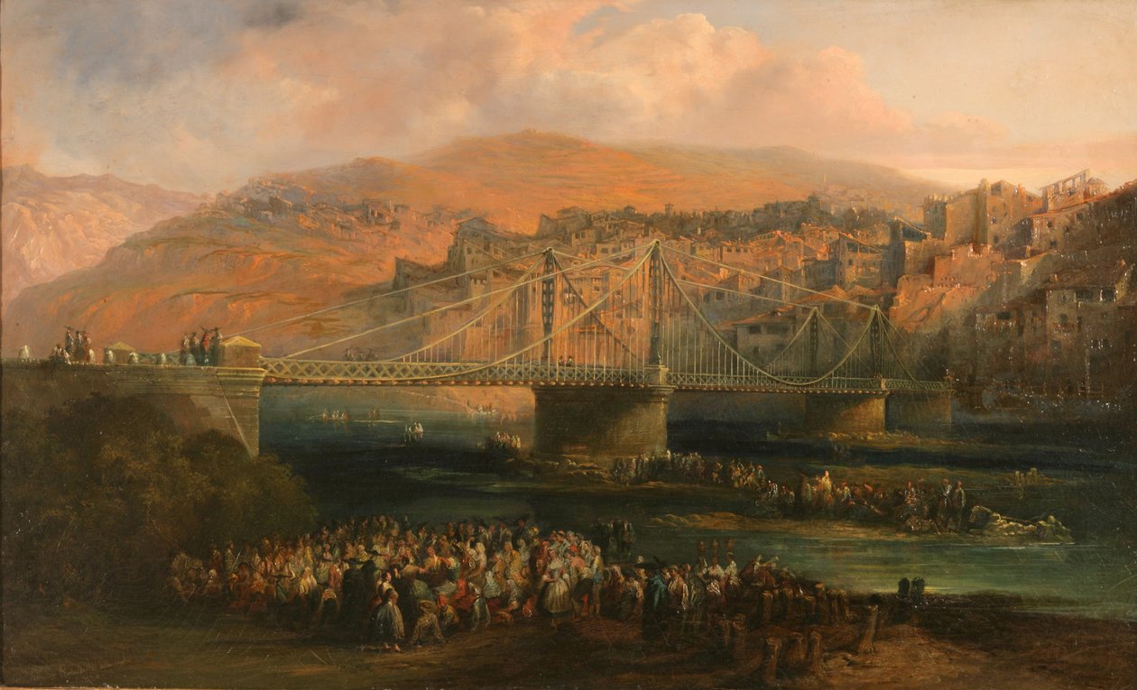 Vista della città di Fraga e del suo ponte sospeso da Genaro Pérez Villaamil