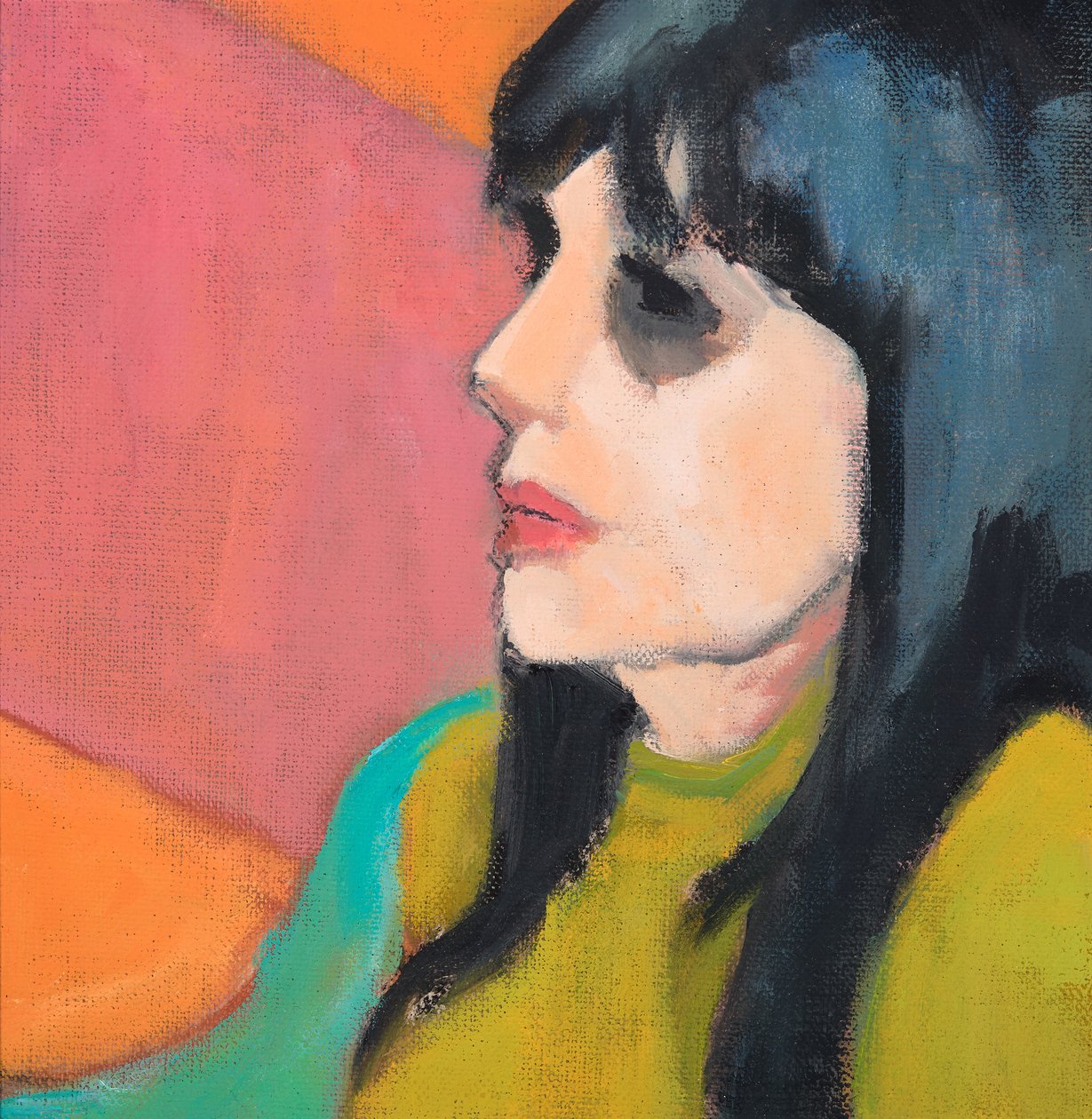 Capelli neri, maglione di lime, 2017 (olio su tavola di tela) da Genevieve French
